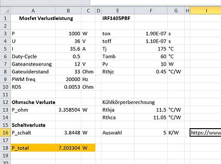 Excel-Tabelle zur Berechnung der Mosfet-Verlustleistung