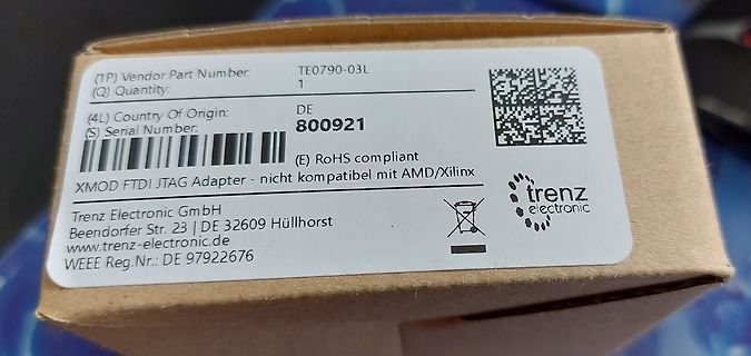 Etikett einer XMOD FTDI JTAG Adapter Verpackung