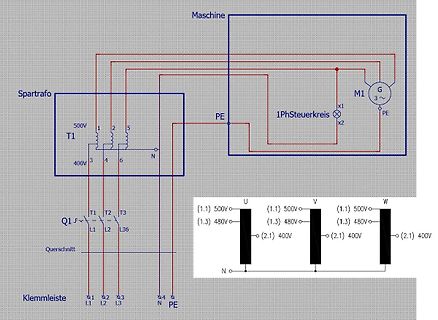 Schaltplan einer Maschine mit Spartrafo und Motor