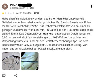 Screenshot einer Kundenrezension über falsches Solarkabel