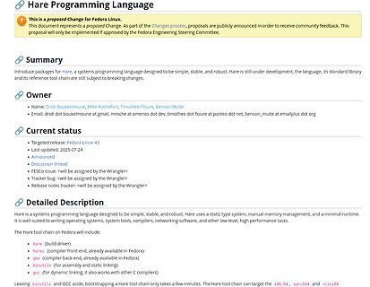 Fedora Linux Change Proposal für Hare Programming Language