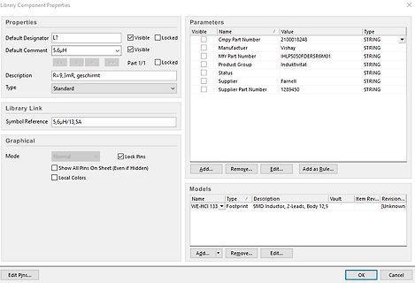 Eigenschaften eines Bauteils in einer EDA-Software