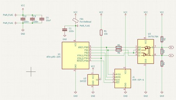 Schaltplan mit ATtiny85, DHT22 und RS485-Transceiver