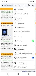 Screenshot eines Browser-Menüs auf einem Smartphone