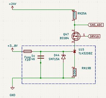 Schaltplan eines elektronischen Teils mit MOSFET und Referenzspannung
