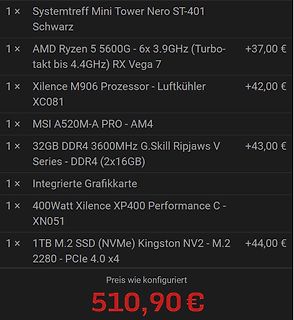 PC-Konfiguration mit Komponentenliste und Gesamtpreis