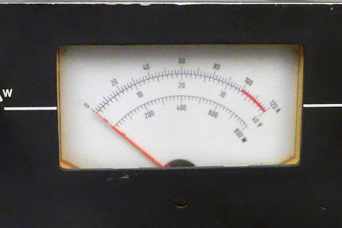 Analoges Messgerät mit Skala für Ampere, Volt und Watt