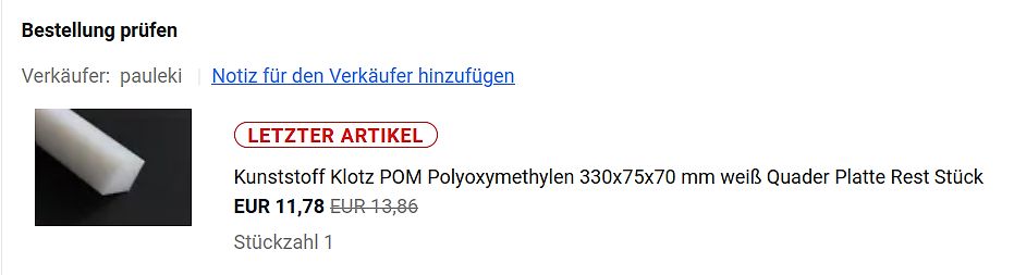Screenshot eines Online-Verkaufsangebots für Kunststoffklotz