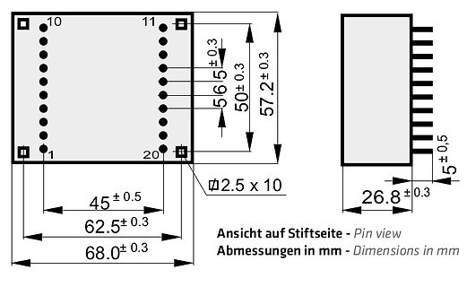 Technische Zeichnung der Abmessungen eines IC-Gehäuses