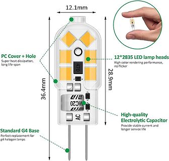 Produktfoto einer G4 LED Lampe mit Abmessungen