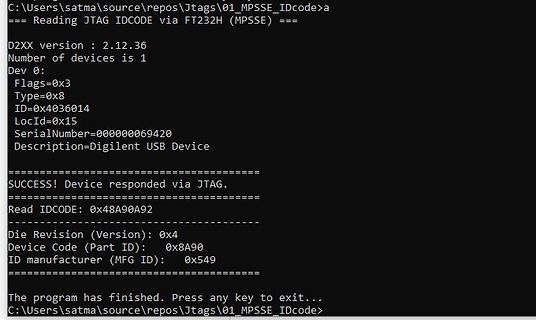 Terminal-Ausgabe eines JTAG IDCODE-Reads