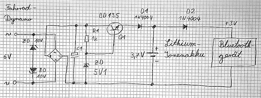 Handgezeichneter Schaltplan für ein Fahrrad-Dynamo-Ladegerät