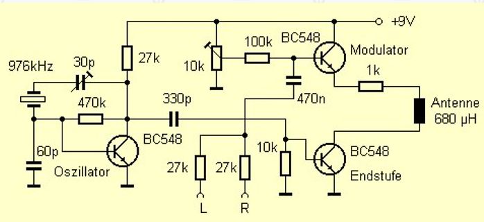 Schaltplan eines Modulators mit Oszillator und Endstufe