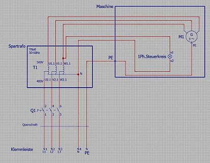 Schaltplan einer Maschine mit Spartrafo und Motor