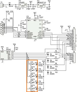 Schaltplan einer RS232-zu-TTL-Wandlung mit LED-Statusanzeige