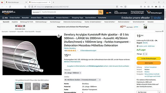 Amazon-Produktseite für Acrylglas-Rohr
