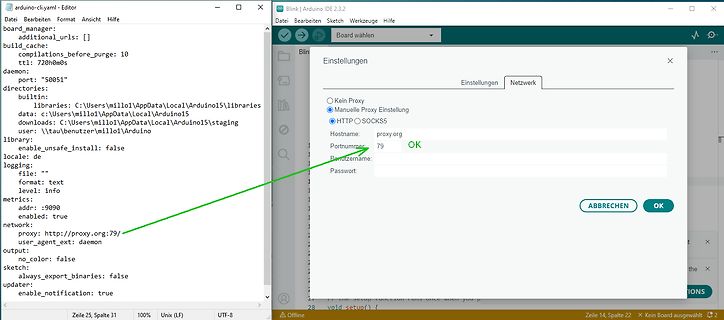 Screenshot von Arduino IDE und Proxy-Einstellungen
