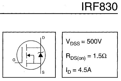 Datenblatt-Ausschnitt IRF830 MOSFET