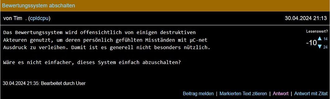 Forenbeitrag über Abschaltung des Bewertungssystems
