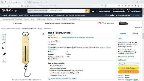 Amazon-Produktseite einer Celestron Federzugwaage