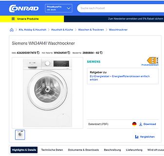 Produktseite eines Siemens Wäschetrockners bei Conrad