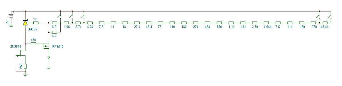 Schaltplan einer Widerstandskette mit MOSFET und LM385