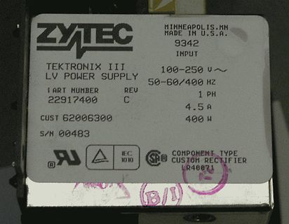 Typenschild eines Zytec Tektronix III Netzteils