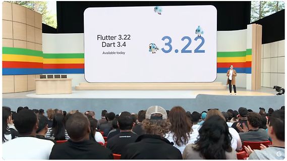 Präsentation von Flutter 3.22 und Dart 3.4 auf einer Bühne