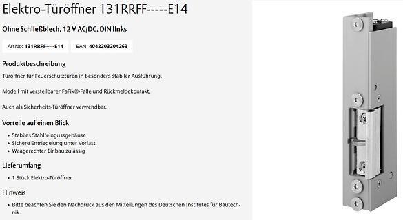 Elektro-Türöffner mit Produktbeschreibung und Foto