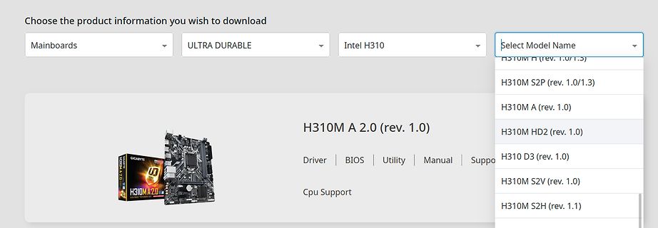 Gigabyte Support-Webseite für H310M Mainboards