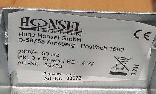 Typenschild einer Leuchte von Honsel
