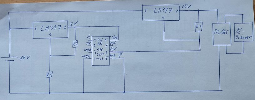 Handgezeichneter Schaltplan mit LM317 Spannungsreglern und Mikrocontroller