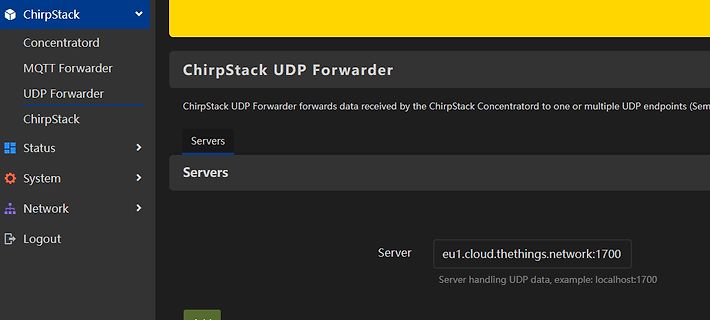 Benutzeroberfläche ChirpStack UDP Forwarder