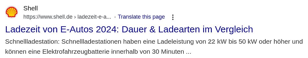 Google Suchergebnis zu E-Auto Ladezeiten