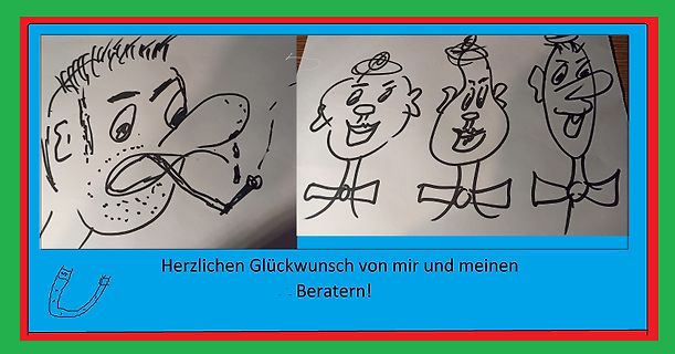 Zeichnung von Gesichtern und Glückwunschtext