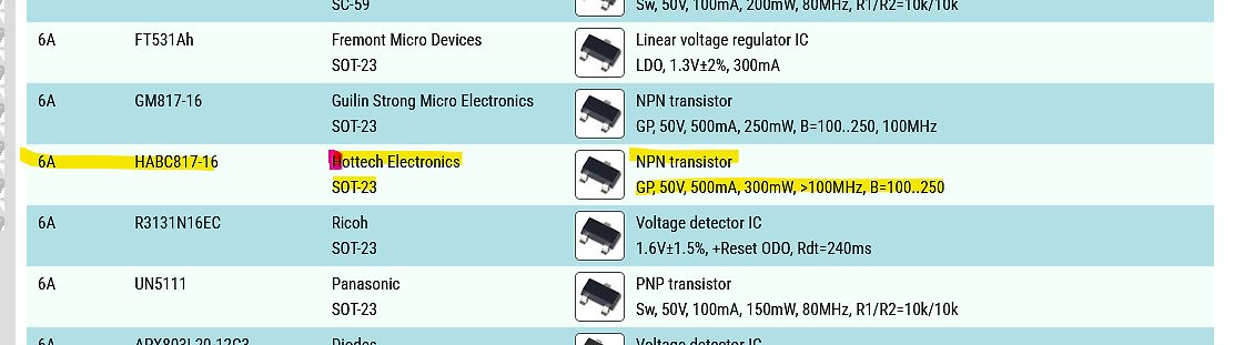 Tabelle mit elektronischen Bauteilen und Spezifikationen