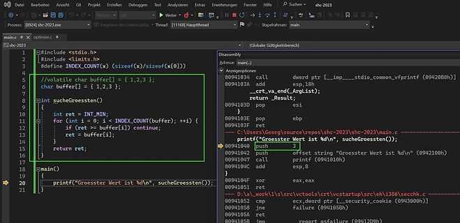 Screenshot eines Code-Editors mit C-Quelltext und Assembly
