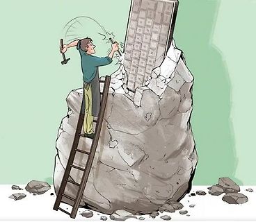 Comic von Mann, der Geldscheine aus Stein klopft