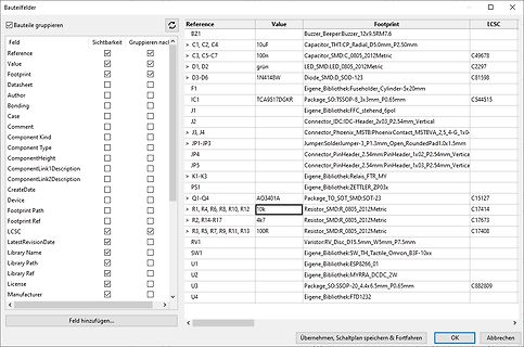 Software-Oberfläche zur Bauteilgruppenverwaltung