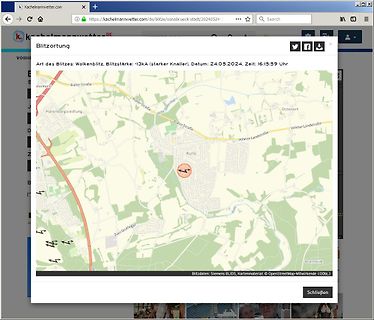 Screenshot einer Webseite mit Blitzortung auf einer Karte