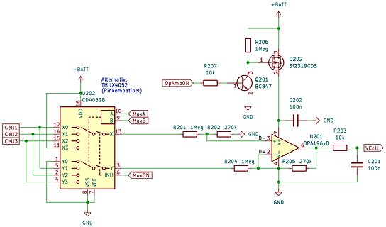 Schaltplan einer Messschaltung mit Multiplexer und Operationsverstärker