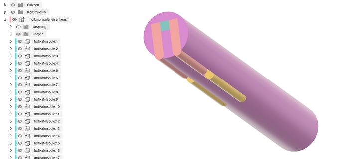 3D-CAD-Modell einer Spule in einer Software-Baumstruktur