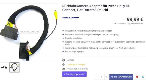 Rückfahrkamera-Adapter für Iveco Daily und Fiat Ducato