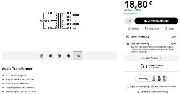 Webshop-Produktseite eines Audio-Transformators