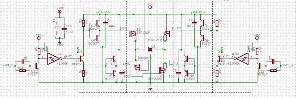Schaltplan einer H-Brücke mit MOSFETs und Transistoren