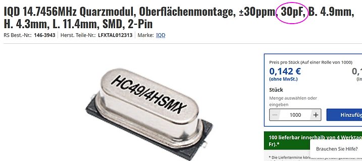 Produktseite eines Quarzes mit Preisangabe