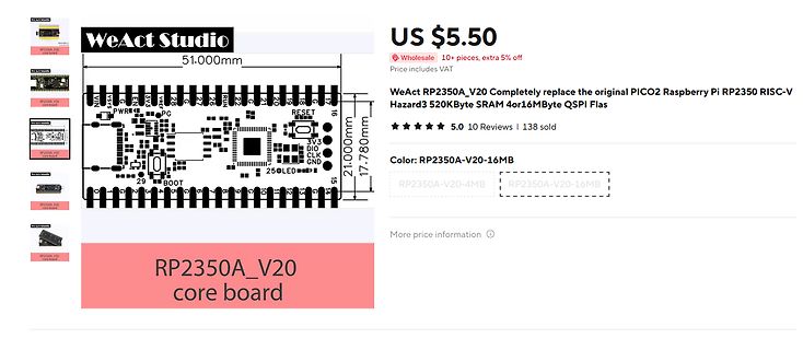 Screenshot eines Online-Shops für ein RP2350A_V20 Core Board