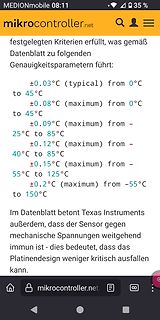 Screenshot eines Forenbeitrags mit Genauigkeitsparametern eines Sensors