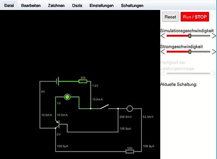 Simulationssoftware eines Schaltplans mit Messwerten