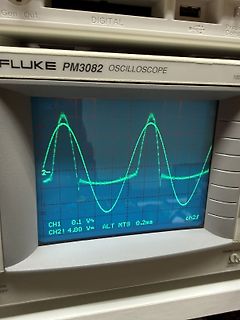 Abfotografiertes Fluke PM3082 Oszilloskop mit Sinuswelle